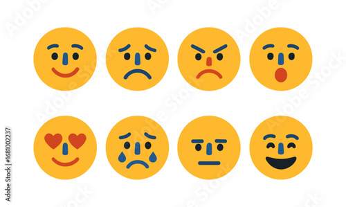 Set of eight flat style yellow emoji faces expressing different emotions