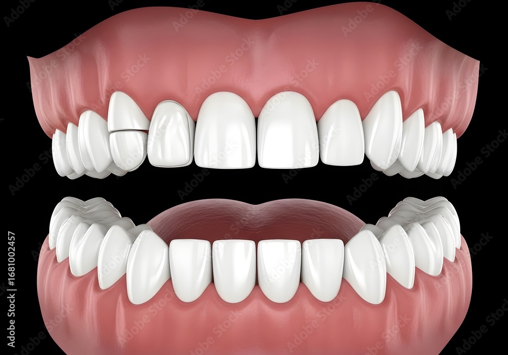 Fototapeta premium A close up view of a set of teeth with a gap between the front two teeth on the top row row