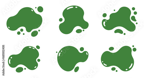Green ink blots on white background in various shapes and sizes