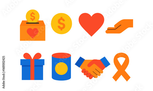 Colorful charity icons set with donation, gift, and handshake symbols