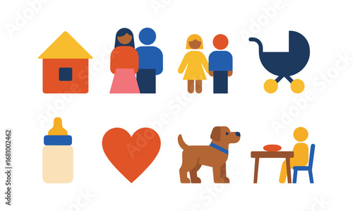 Colorful family and home icons featuring children, parents, and everyday objects
