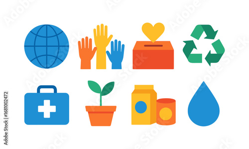 Colorful charity and sustainability icons featuring community and environmental symbols