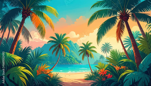 Relaxing island paradise with palm trees. Tropical landscape at sunset. Bright tropical scene with beach and flowers. Peaceful beach view with vibrant flora. Lush tropical scenery with palm trees
