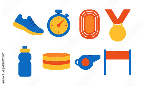Flat sports icons: running, stopwatch, track, medal, water bottle, whistle, hurdle