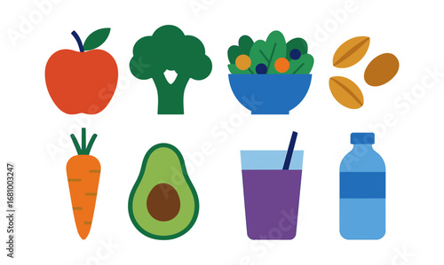 Colorful healthy eating icons with fruits, vegetables, and beverages