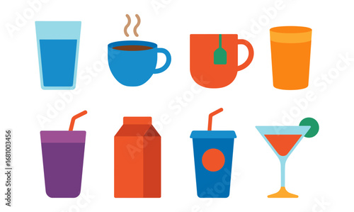Colorful flat style beverage icons set with tea, coffee, and juice glasses