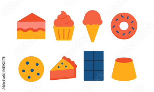 Colorful sweet treat icons: cakes, cookies, and ice cream