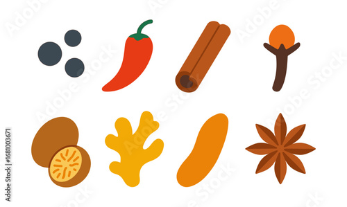 Colorful spice icons set: flat design of popular aromatic ingredients