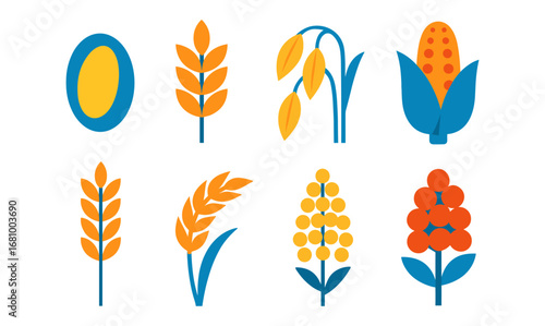 Minimalist agricultural icons set featuring various crops