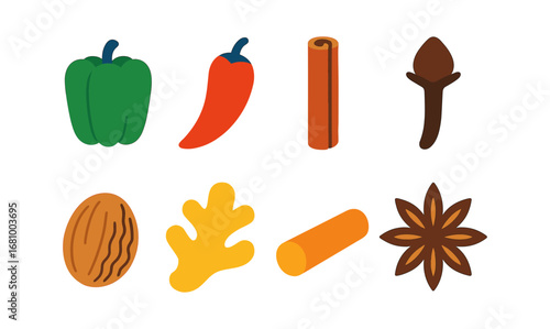 Colorful spice and herb icons in flat design for culinary projects