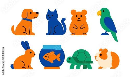 Colorful flat style pet icons featuring animals and accessories