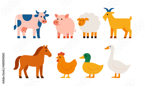 Colorful farm animals set in flat style for kids and educational content