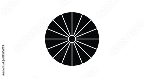 A black and white graphic of a pie chart or wheel with sections