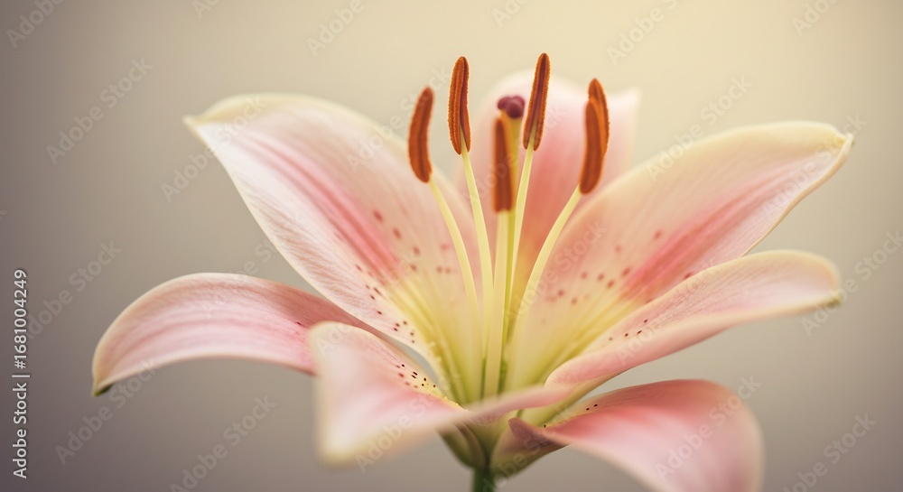 Fototapeta premium 優美なピンク百合 柔らかな光で輝く花びら 繊細な描写. AI Generated