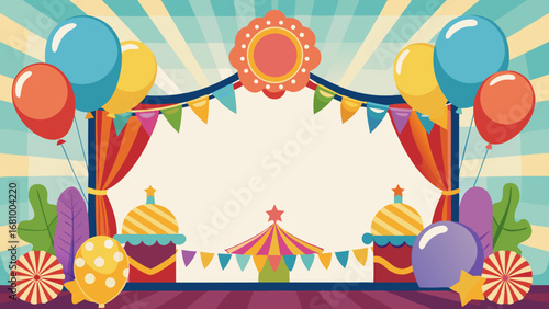 Vector art of colorful carnival background with balloons, cupcakes, and circus tent