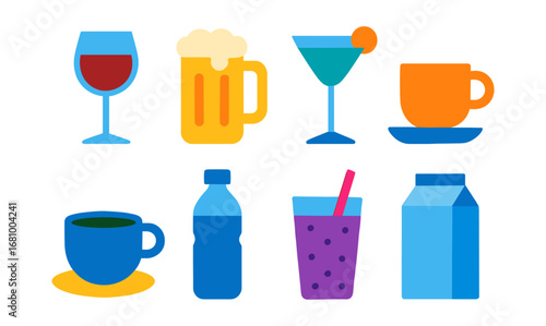 Colorful drink icons featuring coffee, beer, wine, and juice in flat design