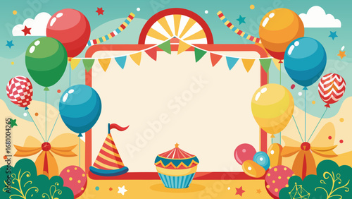 Vector art of festive carnival background with balloons, cupcake, and party hat