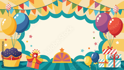 Vector art of festive carnival background with balloons, cupcake, and gift boxes
