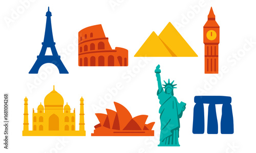 Colorful flat icons of famous global landmarks and monuments