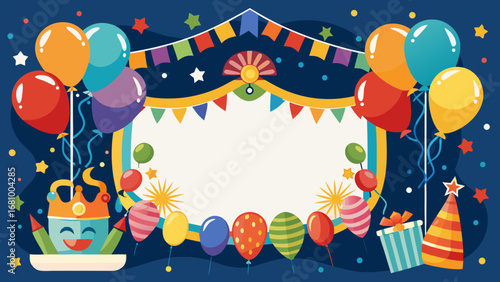 Vector art of colorful birthday party frame with balloons, gifts and flags on dark blue