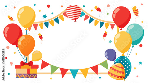 Vector art of colorful birthday party frame with balloons, gift and flags