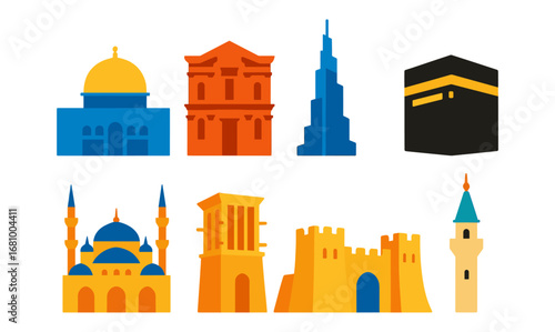 Iconic middle eastern landmarks in colorful flat design