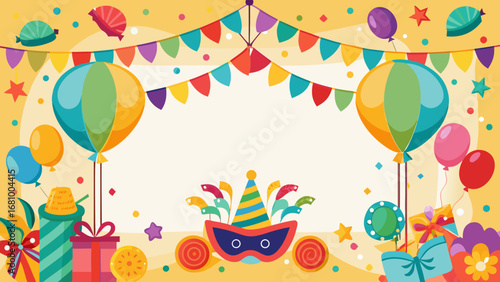 Vector art of colorful birthday celebration frame with balloons, gifts, and party decorations