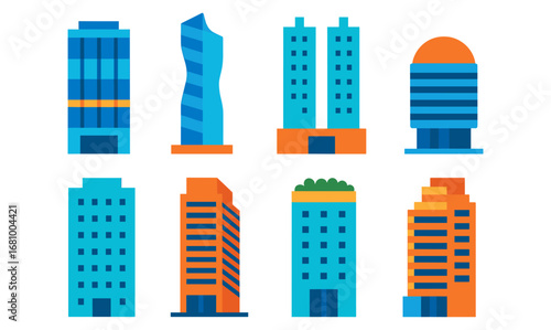Colorful flat style urban skyscrapers and modern buildings