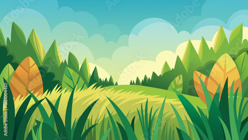 Vector art of cartoon landscape with green trees, grass, and blue sky in summer day
