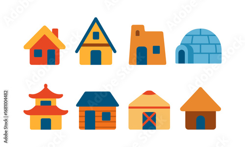Diverse house designs in flat style showcasing global architectural styles