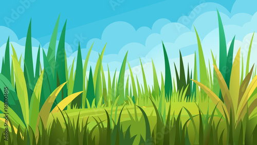 Vector art of cartoon landscape with green grass and cloudy sky in the background