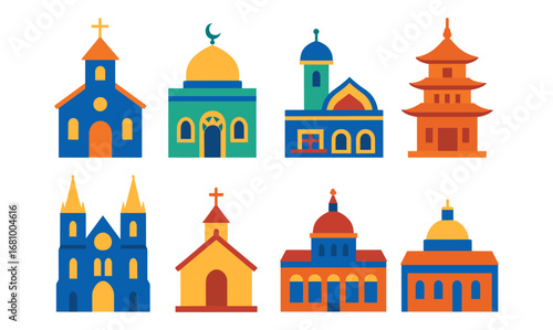 Colorful religious buildings icons representing global architectural styles