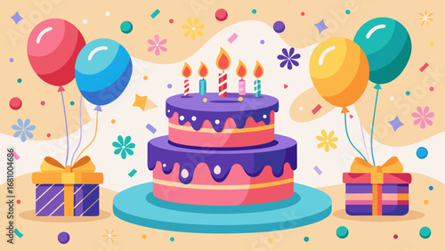 Vector art of festive birthday party background with cake, balloons and gift boxes
