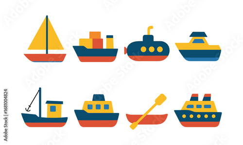 Colorful nautical icon set featuring boats, ships, and submarine designs