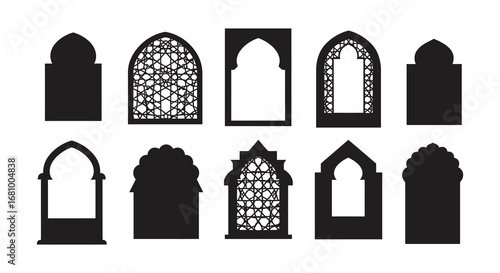 Islamic arch window silhouettes with intricate designs and patterns