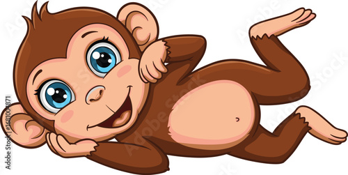 Cute cartoon monkey lying down, playful animal character, smiling face with big eyes, children’s illustration, jungle wildlife concept, flat vector illustration