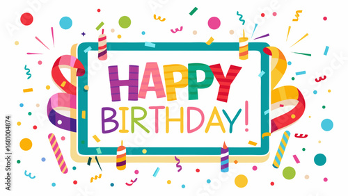 Vector art of a vibrant happy birthday celebration with colorful candles, confetti, and ribbons framed in a festive design