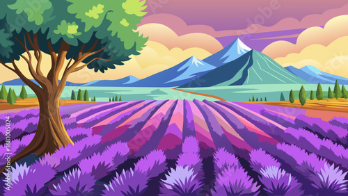 Vector art of scenic lavender field landscape with mountains, trees, and colorful sky in a peaceful rural setting