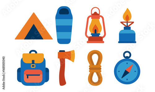 Colorful camping icons collection featuring essential outdoor equipment