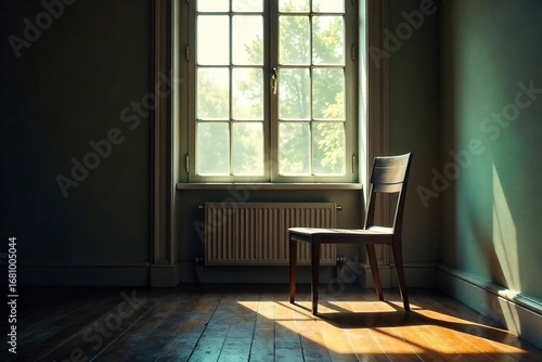 Wallpaper Mural Close-up of a single, empty chair facing a window, sunlight highlighting dust motes in the air; conveying a sense of profound solitude and quiet contemplation , grief, stillness, serene Torontodigital.ca