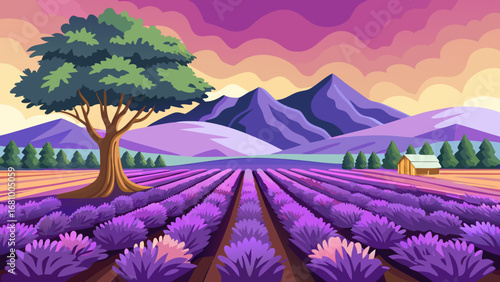 Vector art of a serene lavender field with a solitary tree, mountains in the distance, and a colorful sunset sky, evoking a sense of tranquility and natural beauty