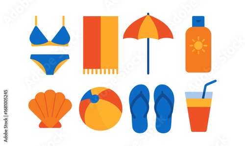 Colorful minimalist summer beach essentials set with swimwear, sunscreen, and cocktail