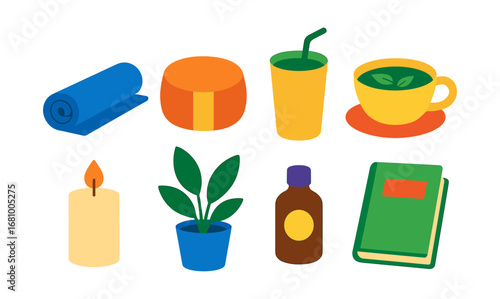 Colorful icons of wellness and relaxation essentials for healthy lifestyle