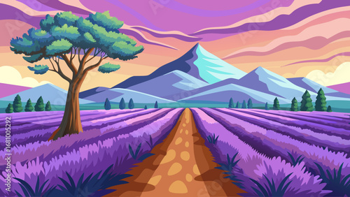 Vector art of a scenic view of a lavender field with a tree and mountains in the background under a colorful sky, creating a peaceful and idyllic landscape