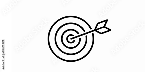 Simple black and white vector illustration of an arrow hitting the bullseye, representing business goals, marketing accuracy, and successful mission achievement