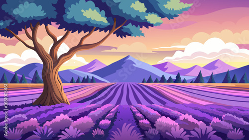Vector art of a serene lavender field stretches towards distant mountains, framed by a solitary tree under a pastel sky, evoking tranquility and natural beauty