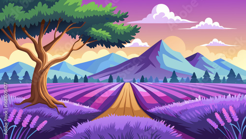 Vector art of a picturesque lavender field leads to majestic mountains, with a tree standing tall, capturing the essence of a peaceful countryside landscape