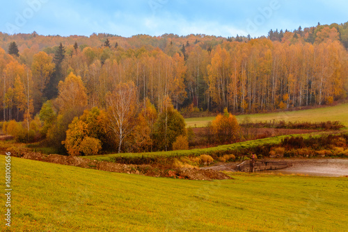 Vibrant autumn landscape with colorful foliage and rolling hills in a serene countryside setting