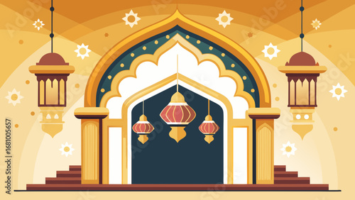 Vector art of ramadan kareem eid mubarak islamic mosque festival celebration with lantern and star decoration on golden background