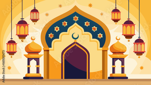 Vector art of ramadan kareem eid mubarak islamic mosque festival celebration with lantern and moon decoration on golden background